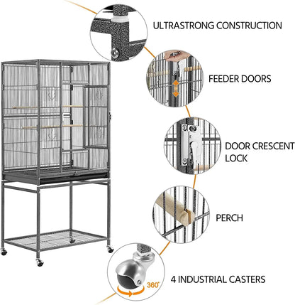 54" Wrought Iron Flight Bird Cage with Stand - Ideal for Parakeets, Conures, Lovebirds, Finches & Canaries