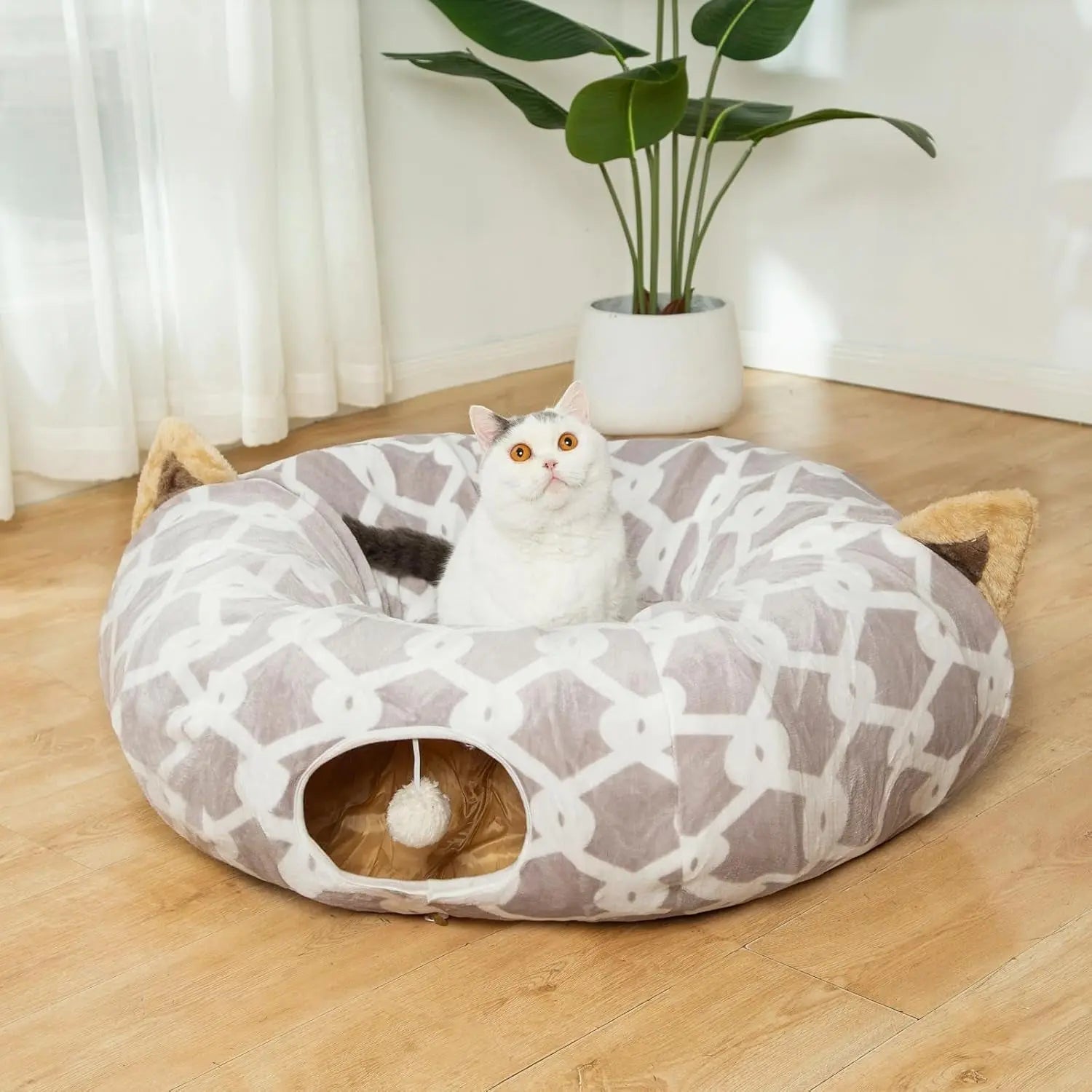 Plush Cat Tunnel Bed & Play Met - Large 10" x 3" Flexible Play Tube with Cushion & Toys for Cats, Kittens & Small Dogs