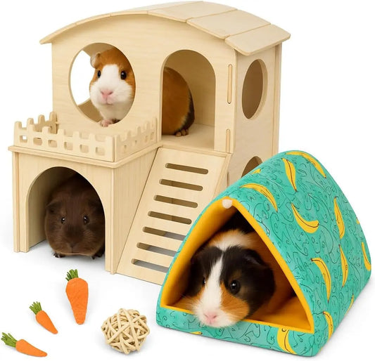 Large Wooden Guinea Pig Hideout Castle – 2-Story House with Bed & Chew Toy Bundle Default Title