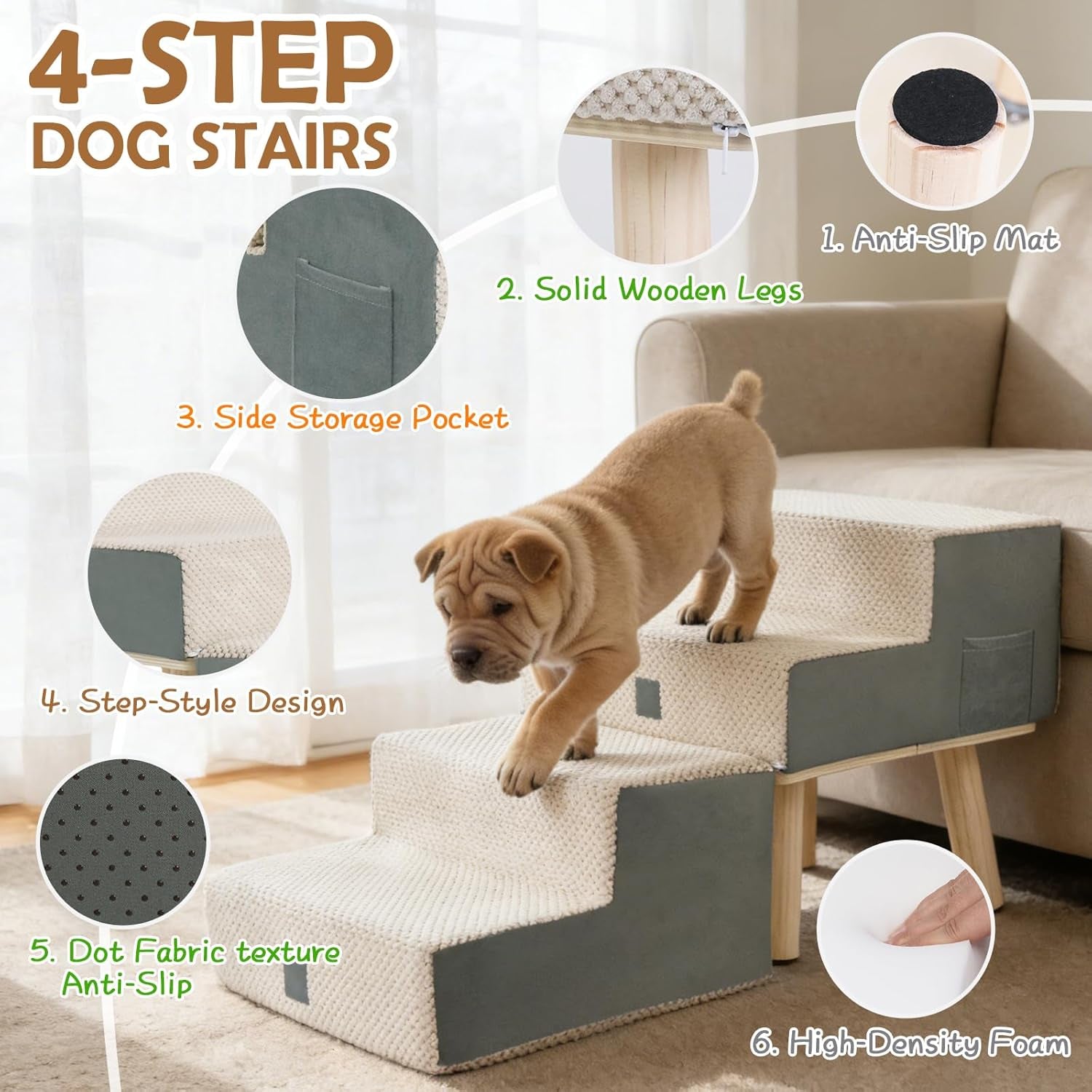Dog Stairs 4 Step Foldable Pet Steps Ottoman Ramp for Couch Bed 