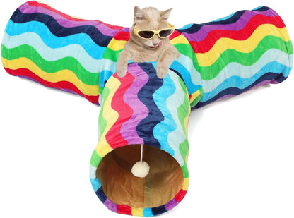 Plush Cat Tunnel Bed & Play Met - Large 10" x 3" Flexible Play Tube with Cushion & Toys for Cats, Kittens & Small Dogs Rainbow Wave 3 Way