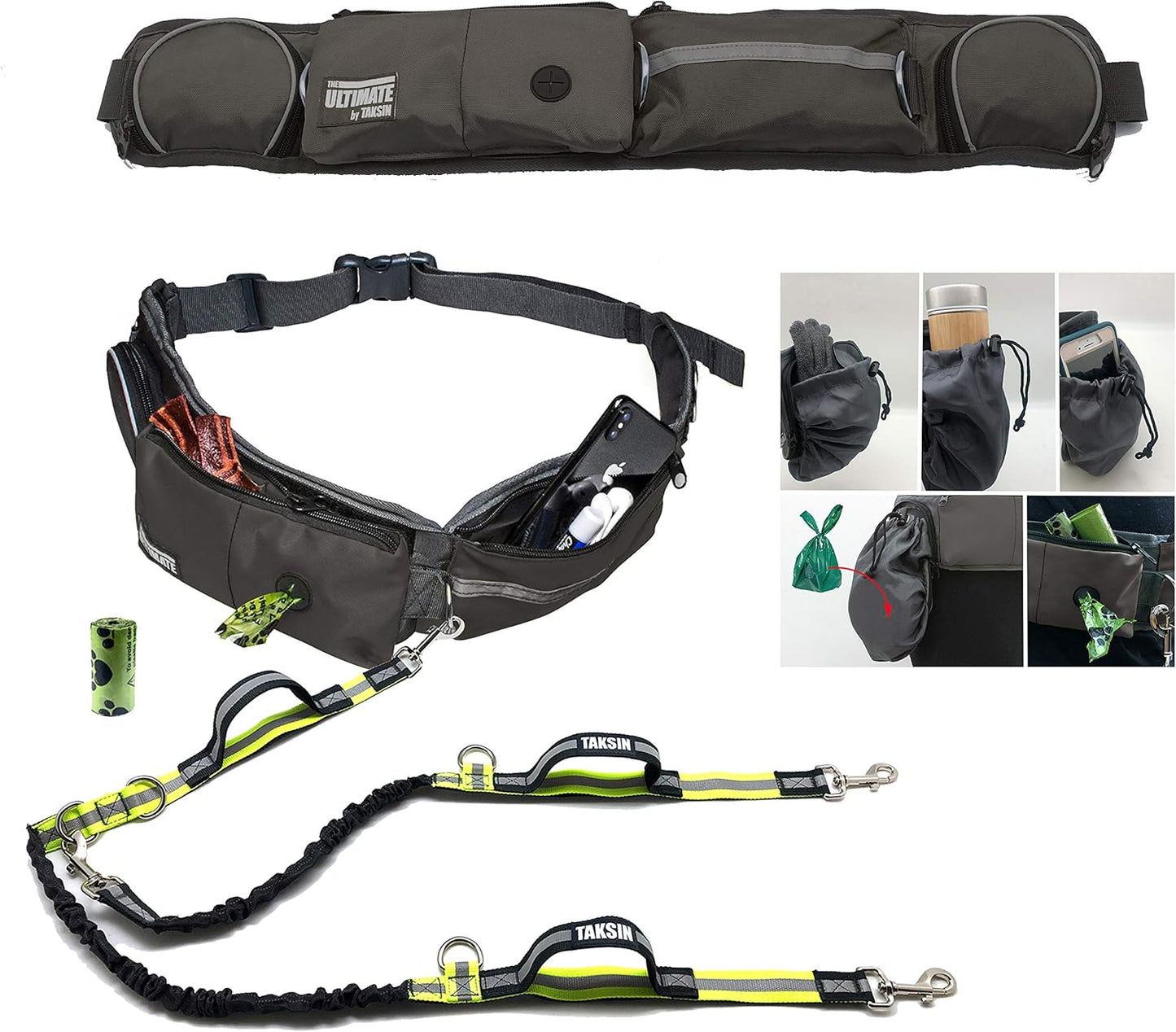 Hands Free Dog Leash Two Dogs Double Bungee Reflective Running Kit Grey Pack Two Dogs